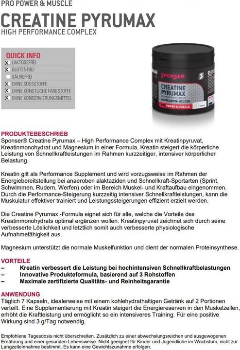 Nutritional values and ingredients Sponser creatine pyrumax (280 Piece, Capsules, 240 g)