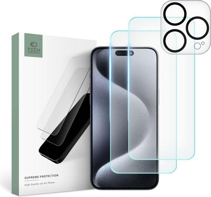 Immagine prodotto Tech-Protect Set supremo per iPhone 15 Pro 2x vetro temperato per il display / vetro temperato per la fotocamera (1 Pezzo/i, Apple iPhone 15 Pro)