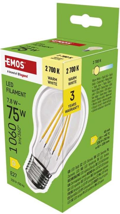 Immagine prodotto Emos Lampada LED a filamento A60 / E27 / 7,8 W (75 W) / 1060 lm / Bianco caldo (E27, 7.80 W, 1060 lm, 1 x, D)