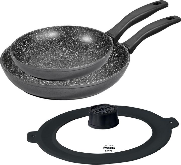 Actual product image Stoneline 3-piece pan set 24/28 | with lid - Black (28 cm, Pan set + pot set, Cast iron)
