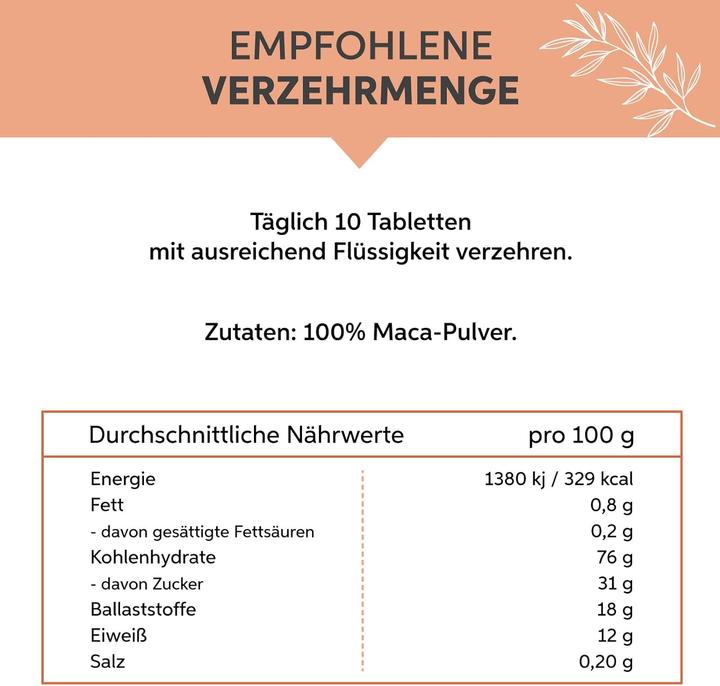 Valeurs nutritives et ingrédients Eltabia Maca en comprimés du Pérou | Qualité crudité premium (1000 pièce(s), Cachets)