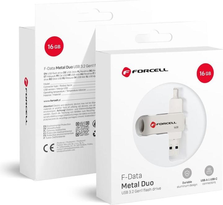 Forcell Memory cards F-DATA pendrive Metal Duo 16GB USB3.2 Gen 1 (USB A / Type C) silver (16 GB, USB-A, USB-C)