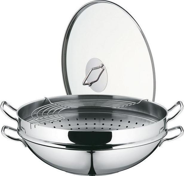 Produktbild WMF Wok Set 4tlg Wokpfanne 36cm 4,5l Glasdeckel Induktion Edelstahl (36 cm, Wok Pfanne, Edelstahl)