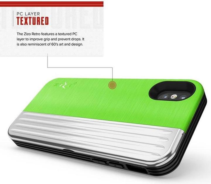 Actual product image Zizo Retro Series – iPhone Xs/X-Hülle mit Kartenfach + Ständer + 9H-Glasscheibe (Neongrün/Silber) (Apple iPhone XS)