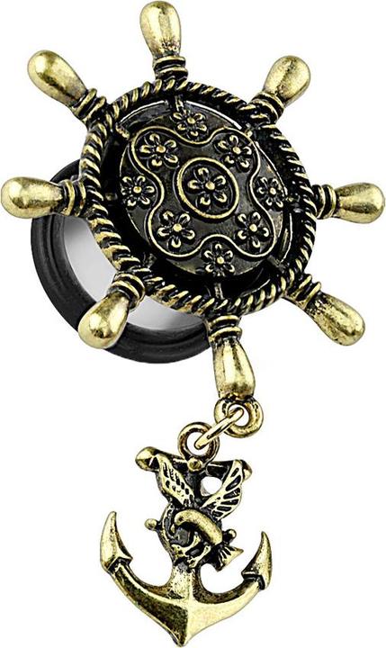 Actual product image Star Piercing Flared Plug Ship's Wheel with Anchor (Brass, Surgical steel 316L)