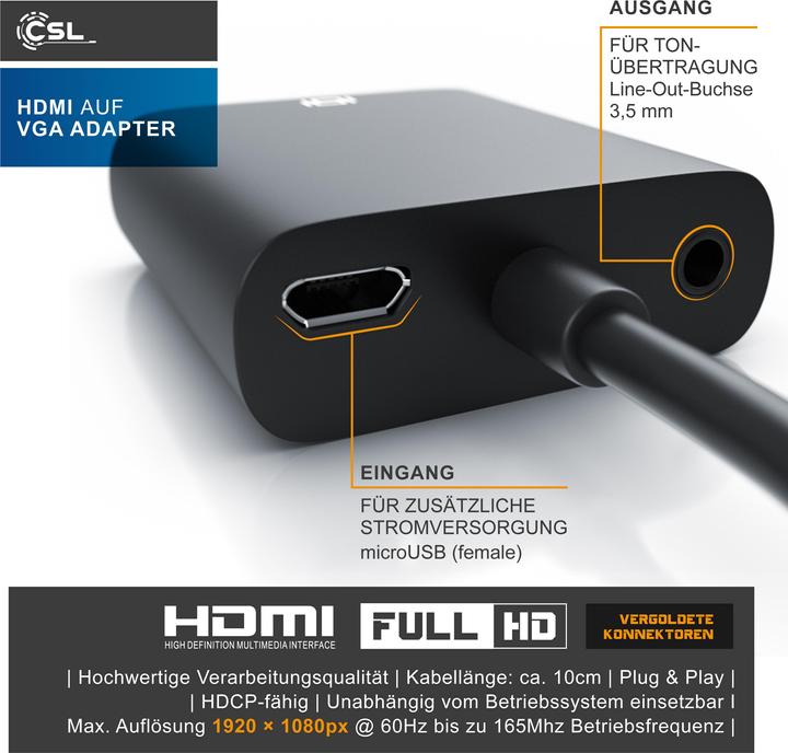 Image du produit CSL Adaptateur HDMI vers VGA, jack 3,5mm audio & vidéo, 10 cm, câble convertisseur 1080p, numérique (VGA, 20 cm)