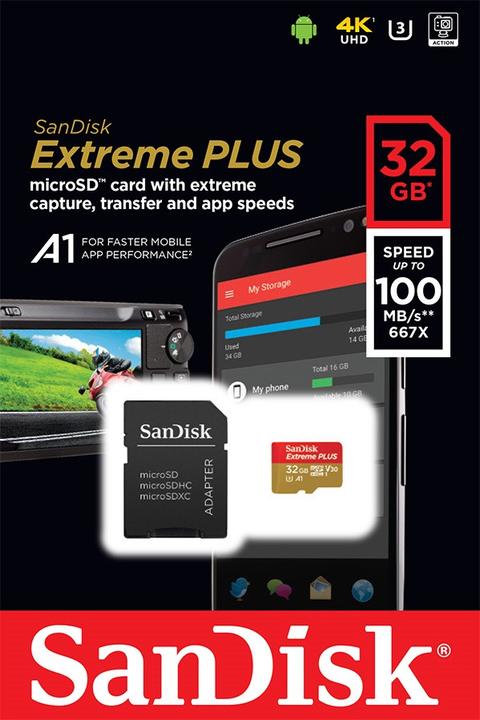 Immagine prodotto SanDisk microSDHC 100MB A1 32GB Extreme Plus A1 32GB Extreme Plus (32 GB, microSDHC, U3, UHS-I)