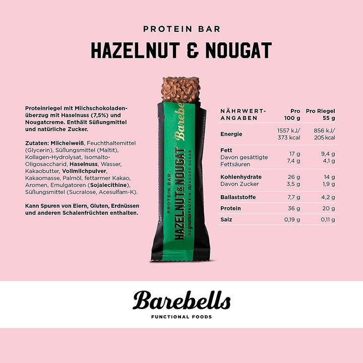 Nährwerte und Zutaten Barebells Protein Bar (Hazelnut Nougat, 1 Stk., 55 g)