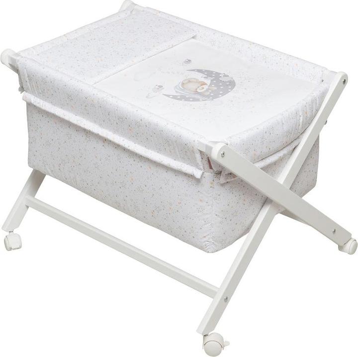 Interbaby Wiege In X - Weiss Buche +Bettwäsche+Bekleidung+Matratzen - Grau