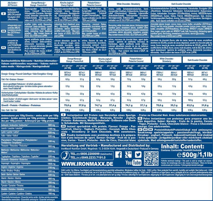Valeurs nutritives et ingrédients IronMaxx 100% Whey Protein (sachet de 500g) (Neutre, 1 pcs, 500 g)