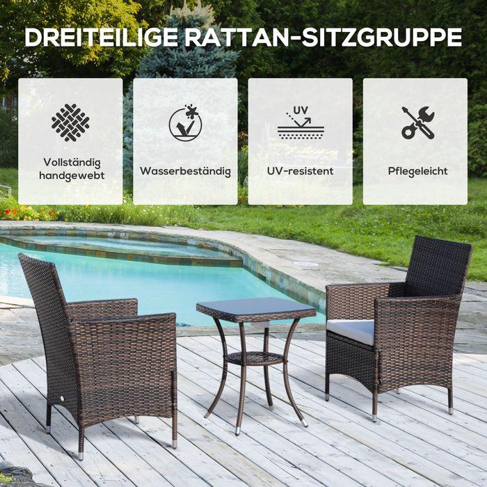 Produktbild Swisshandel24 Rattan Gartenmöbel Set mit Beistelltisch 3-tlg. Balkonmöbel Set mit Sitzkissen Polyrattan + Stahl Br