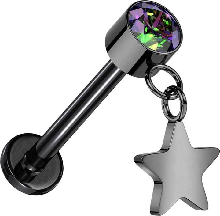 Star Piercing Micro Threadless Labret schwarz Zylinder schwarz Kristall dunkel multicolor Anhänger Stern schwarz (ohne Messing, Titan G23)
