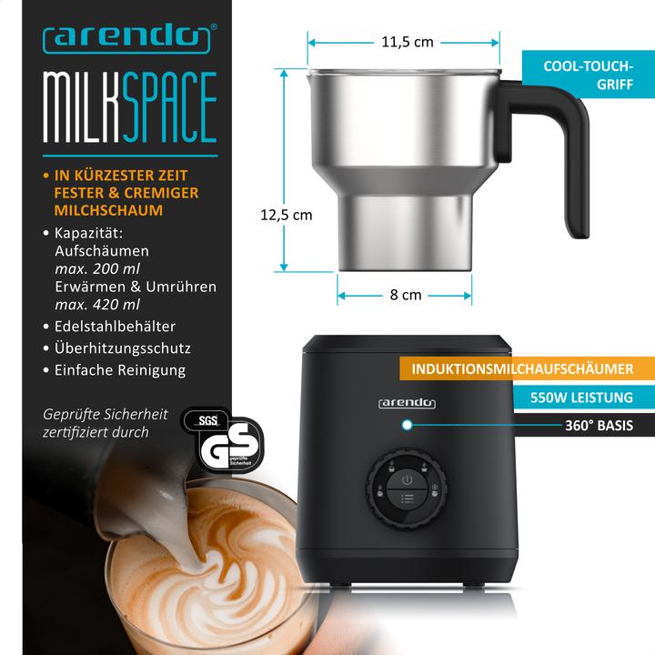 Produktbild Arendo Milchaufschäumer 4in1 Induktion, warm & kalt Schaum, 400ml, Edelstahl, 50 W, spülmaschinengeeignet (42 cl)