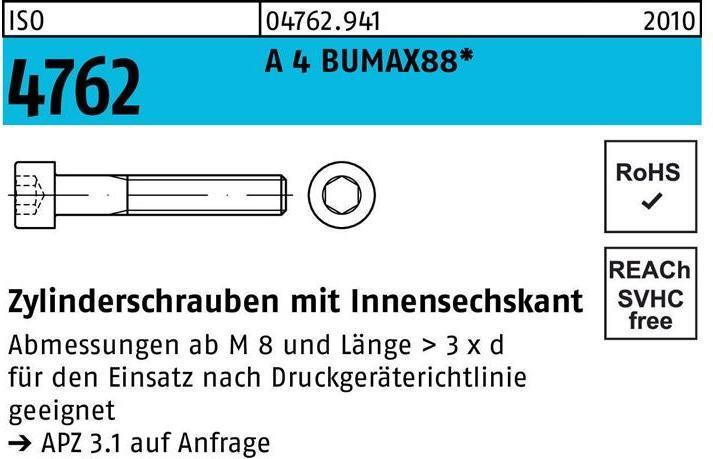 Bufab Zylinderschraube ISO 4762 m.Innensechskant M 20 x 70 A 4 BUMAX88 (10 Schrauben pro Stück)