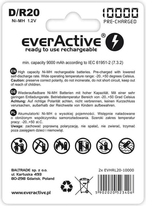 Image du produit Everactive Rechargeable Batteries R20/D Ni-MH 10000 mAh ready to use - Batterie - mono (F) (1 pcs, D, 10000 mAh)
