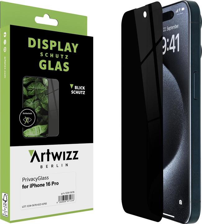 Actual product image Artwizz PrivacyGlass screen protector iPhone 16 Pro (1 Piece, Apple iPhone 16 Pro)