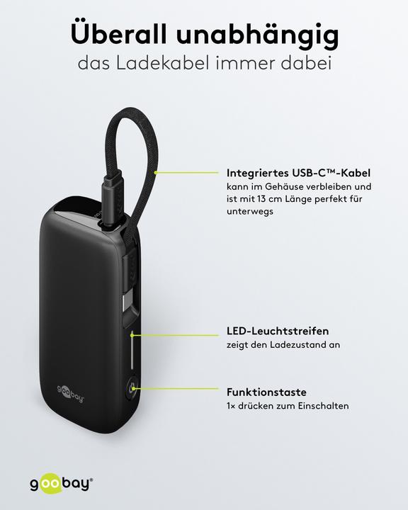 Produktbild Goobay Powerbank 5.000 mAh mit integriertem USB-C-Kabel (5000 mAh, 15 W, 15 Wh)