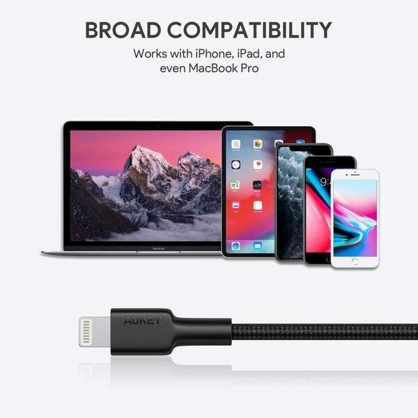 Image du produit Aukey CB-CL02 Black Nylon Lightning-USB C Cable | USB power supply USB-PD | 1.2 m | Apple MFi certificate (1.20 m, USB 3.2 Gen 1)