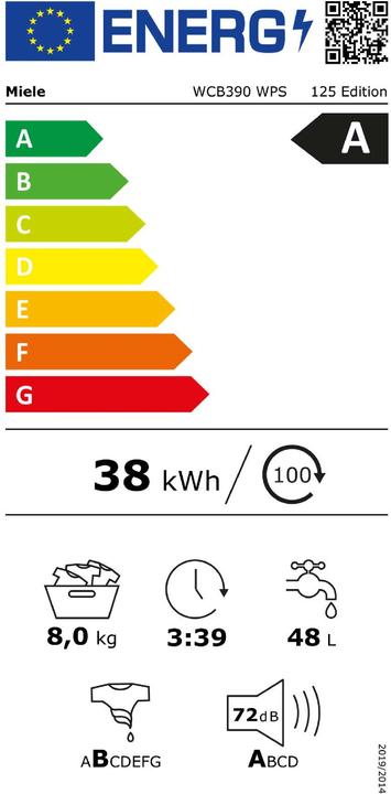Label énergétique Miele Waschmaschine WCB390 WPS 125 Edition Lotosweiss (8 kg, Droite)