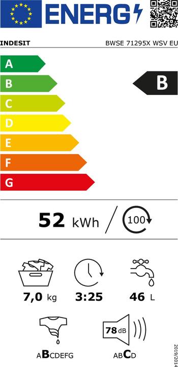 Energy Label Indesit BWSE 71295X WSV EU Washing machine, Front Loading, Energy Class B, Capacity 7 kg, White (7 kg, Left, EU plug)