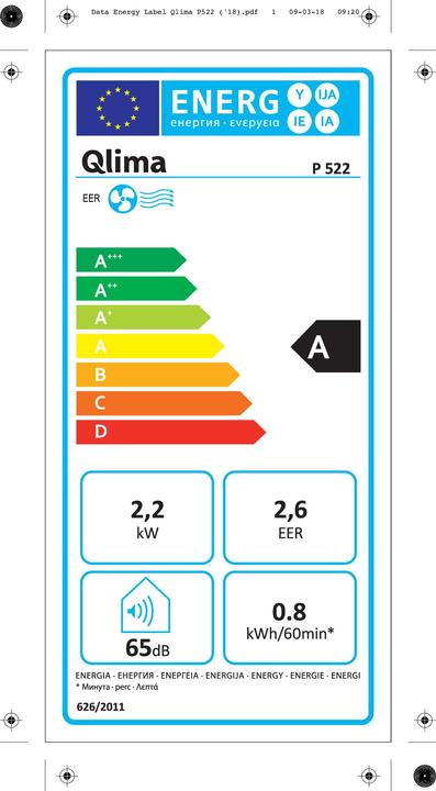 Energie-Label Qlima P 522 - Mobiele airco (7506.71 BTU/h)