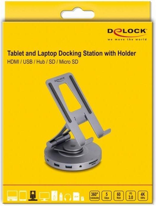 Actual product image Delock Tablet and Notebook Docking Station 4K with Integrated Mount - HDMI / USB / Hub / SD / Mi (USB-C, 2 Ports)
