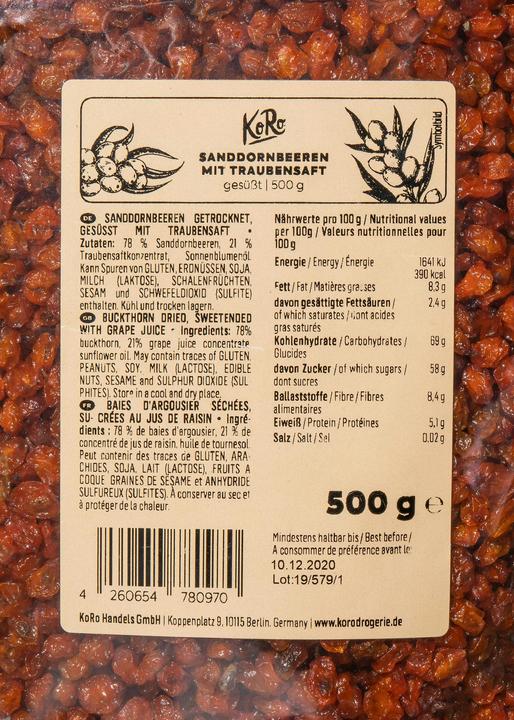 Nährwerte und Zutaten KoRo Sanddornbeeren getrocknet, gesüsst mit Traubensaft (500 g)