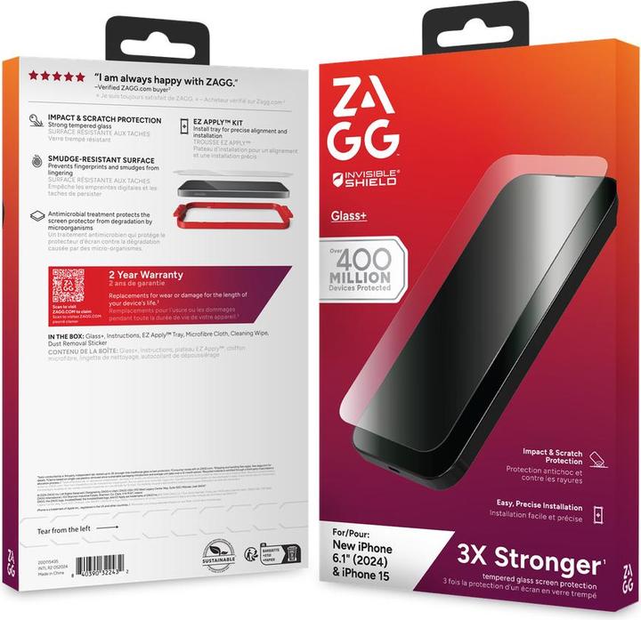 Produktbild Zagg Glass+ (1 Stück, Apple iPhone 16, Apple iPhone 15)