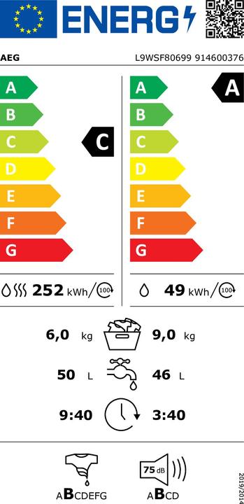 Etichetta energetica AEG L9WSF80699 Lavasciuga con pompa di calore Lavasciuga Serie 9000 con SensiDry