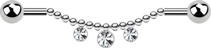 Produktbild Star Piercing Barbell silber zwei Kugeln Kette drei Kristalle sillber (ohne Messing, Chirurgenstahl 316L)
