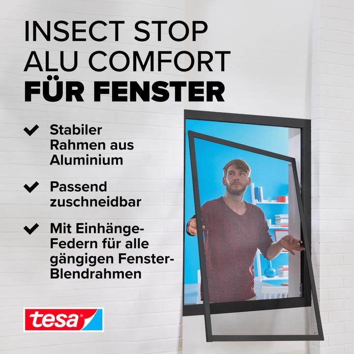 Produktbild tesa Insektenschutz Alu COMFORT für Fenster, mit Rahmen aus Aluminium, ohne Bohren (100 x 120 cm)