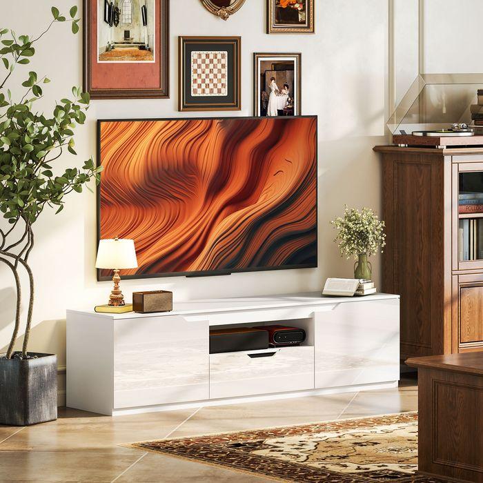 Immagine prodotto Swisshandel24 Hochglanz TV-Lowboard für Fernseher bis 65 Zoll, 3 Fächer, Schublade, Weiss (160 x 38 x 43 cm)