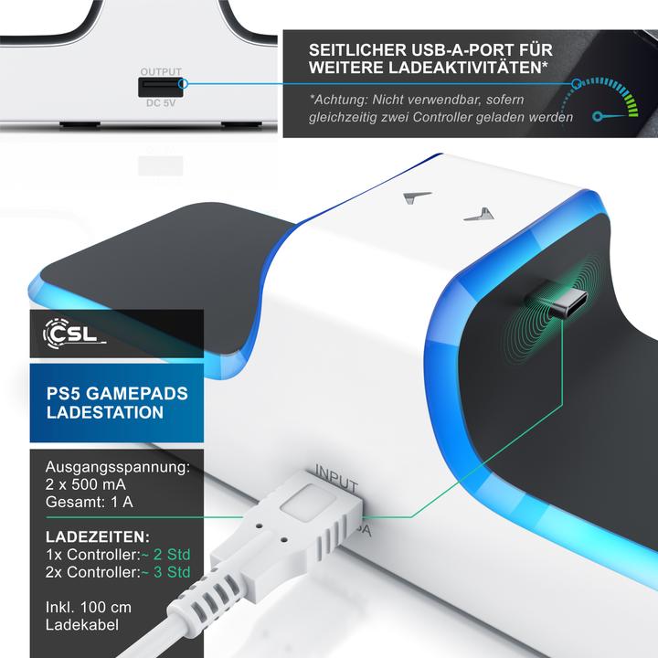 Image du produit CSL Station de charge pour manette PS5, Twin Charge, chargeur de manette de jeu, sans fil, câble de (PS5)