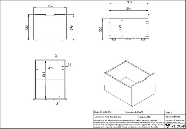 Produktbild Vipack Bett Pino inkl. Hängeablage & Schubladen Set (90 x 200 cm)