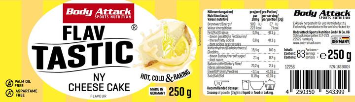 Valeurs nutritives et ingrédients Body Attack Flav Tastic (boîte de 250g) (Gâteau au fromage NY, 1 pcs, 250 g)