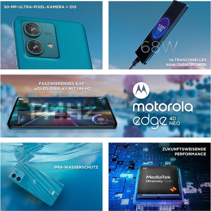 Produktbild Motorola Edge 40 Neo (256 GB, Caneel Bay, 6.55", SIM + eSIM, 50 Mpx, 5G)