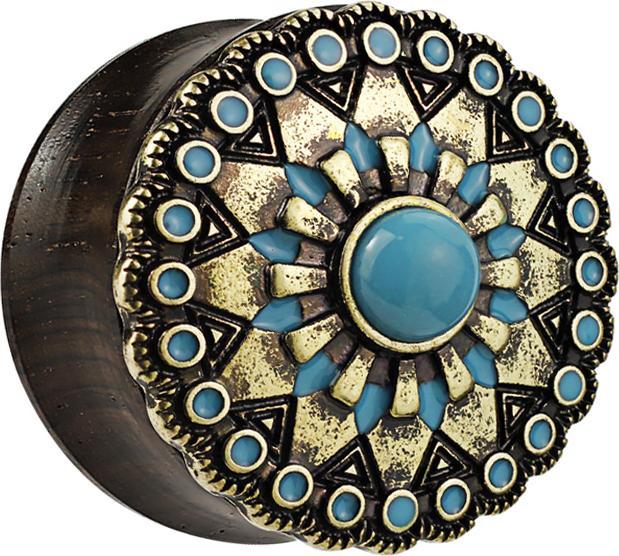 Actual product image Star Piercing Ebony flared plug with tribal sun and turquoise stone (Organic, Mineral, Brass)