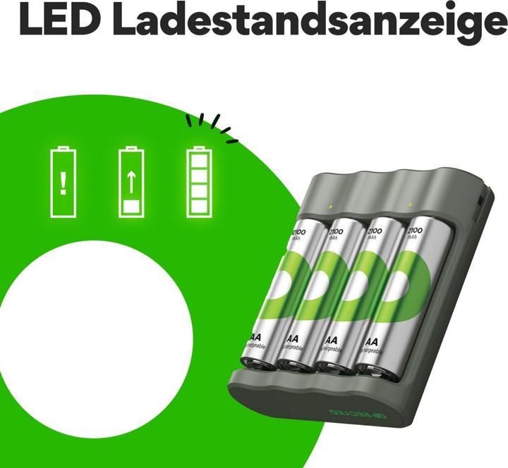 Image du produit GP Batteries En solde Chargeur gratuit" Modèle USB Chargeur GP B441 incl. 4x AA- (4 pcs, AA, 2100 mAh, Piles rechargeables + chargeur)