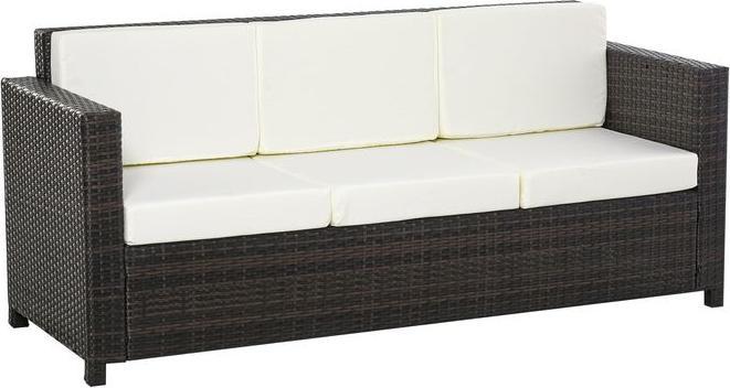 Immagine prodotto Swisshandel24 Divano in poly rattan con cuscini Divano da giardino a 3 posti in metallo poliestere marrone+bianco
