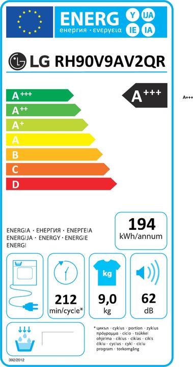 Energie-Label LG RH90V9AV2QR tumble dryer Freestanding Front-load A+++ White (9 kg, Rechts)