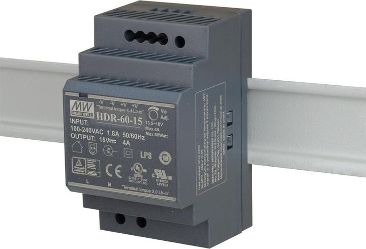 Produktbild MeanWell MEAN WELL HDR-60-15 SCHALTNETZTEIL FÜR DIN-SCHIENE 15V/60W/4A (60 W)