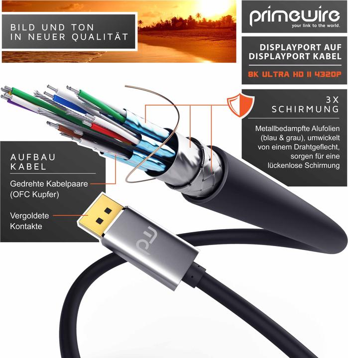 Actual product image Primewire DisplayPort Cable, DP 1.4, Premium Monitor Cable 8K 7680 x 4320 @ 60 Hz - 4k @ 120 Hz with DSC (1 m, DisplayPort)