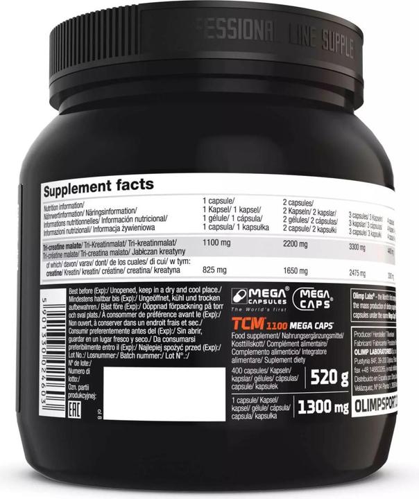 Nährwerte und Zutaten Olimp Sport Nutrition Tri-Creatine Malat (TCM) 1100 Mega (400 Stück, Kapseln, 400 g)
