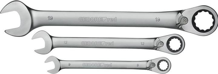 Actual product image Gedore Red Combination ratchet open-end wrench set reversible. metric 5 pieces (19 mm, 8 mm, 15 mm, 10 mm, 14 mm, 12 mm, 18 mm, 13 mm, 9 mm, 16 mm, 11 mm, 17 mm)