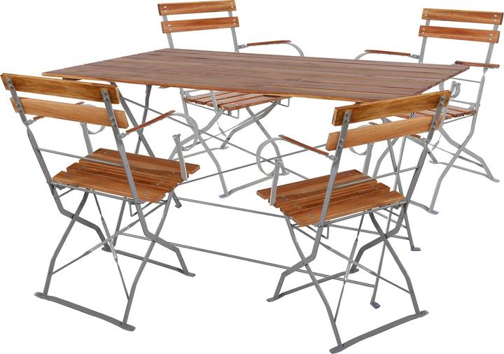 Actual product image Mojawo Beer Garden Set Folding Table + 4 Folding Chairs Folding with Armrest Steel Acacia Wood 120x70cm (120 cm)