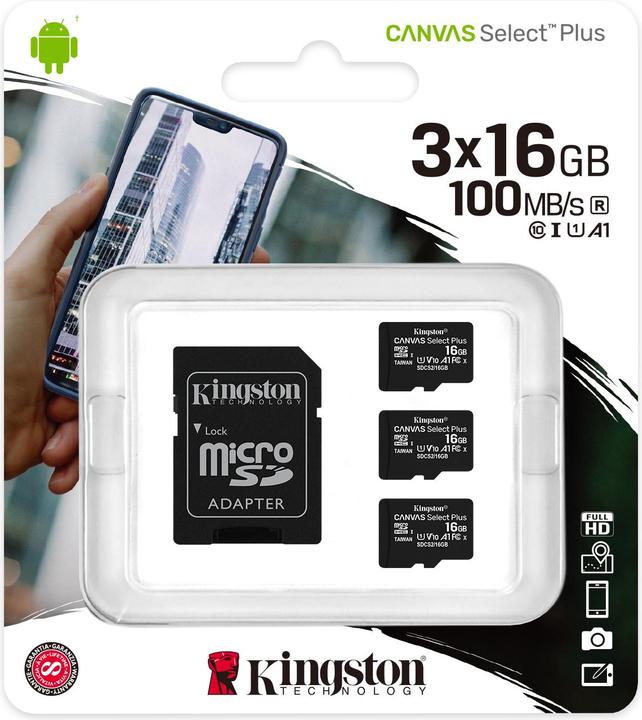 Image du produit Kingston Canvas Select Plus microSD 16GB Multi-Pack of 3 (16 Go, microSDHC, U1, UHS-I)
