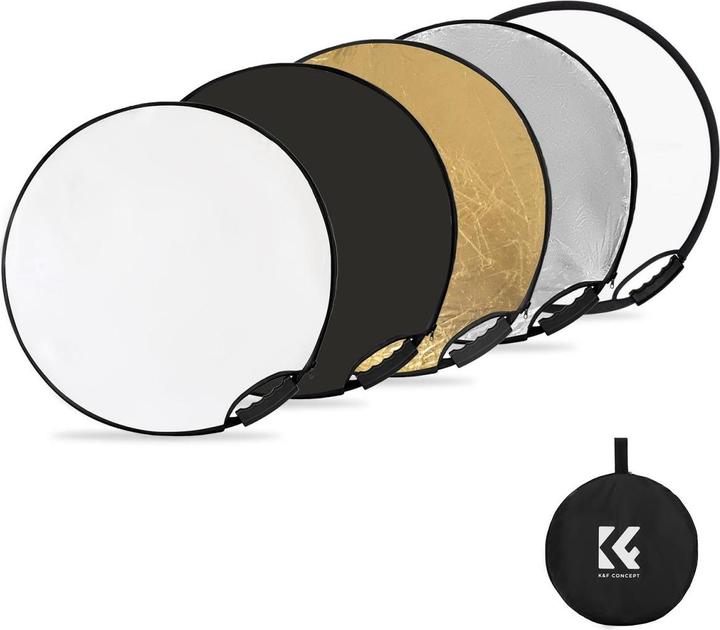 K&F Concept 5 in 1 Circular Photography Reflector 107cm with Handle Grip Gold Sliver Black White Translucent Pa (110 cm)