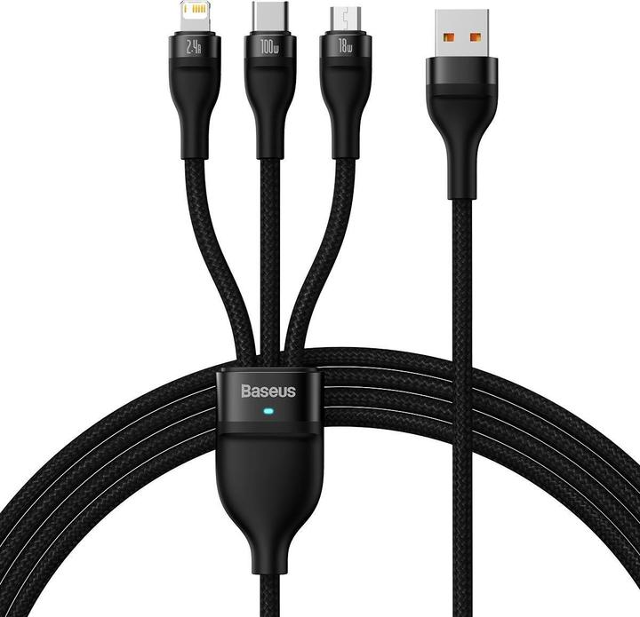 Baseus 3in1 USB cable Flash Series, USB-C + micro USB + Lightning, 100W, 1.2m (black) (1.20 m, USB 3.2 Gen 1)
