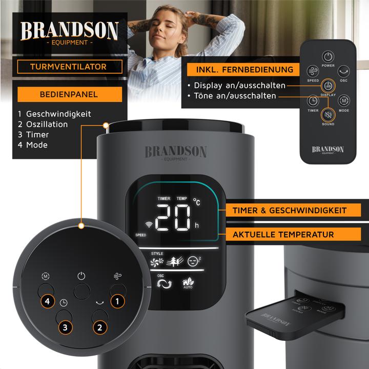 Actual product image Brandson Turmventilator WiFi, Eco DC-Motor 35W, App-Steuerung/Sprachbefehl, Timer, Oszillation, leiser Lüfter (52 dB)