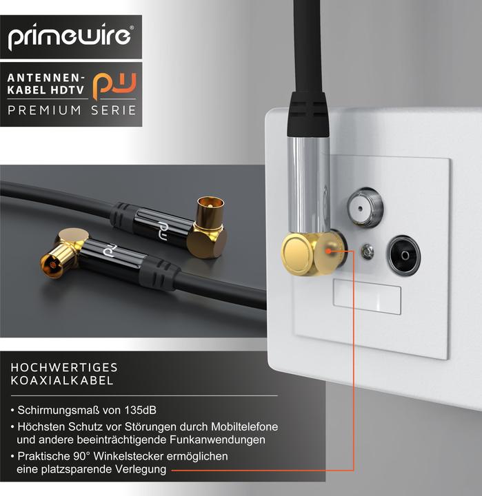Image du produit Primewire Câble d'antenne coudé à 90° | Câble coaxial HDTV Premium 135dB / 75 Ohm | FullHD / 4k Ultra HD (85 dB, Câble d'antenne)